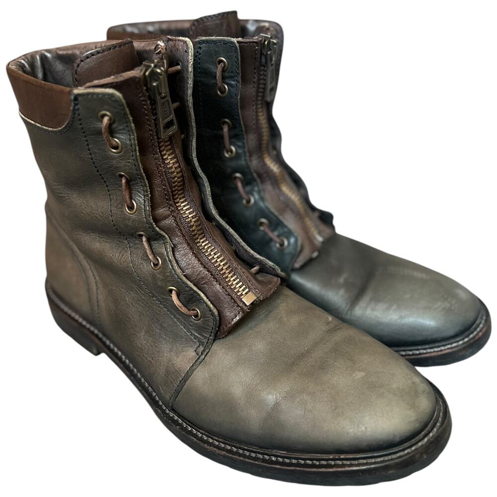 AllSaints Leather Front Zip Military Boots Lampo Distressed EU 46 US 13